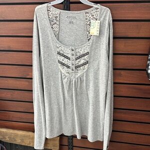 Roper Light Gray Long Sleeve Scoop Neck Top with Lace Insets